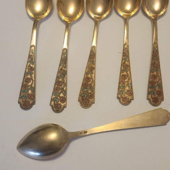 Vintage Soviet Era  AK7, 875 gilt silver , nielo enameled flowers tea spoons (6) - Picture 1 of 2